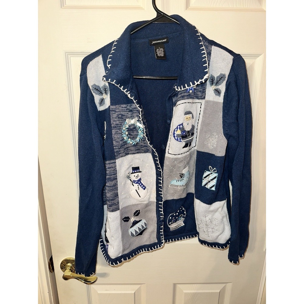 Jason Maxwell Women's Blue Button Up Christmas Sweater Size Large